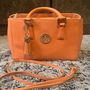 Metrocity Peach Leather Satchel Handbag with Tassel Accent